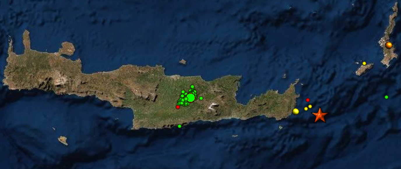Den stora stjärnan markerar epicentrum för jordskalvet. Bilden visar även de övriga skalven under 48 timmar.